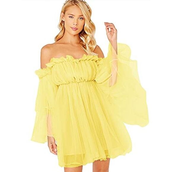 Romwe Dresses & Skirts - Romwe Womens Romantic Off Shoulder Flounce Long Sleeve Wedding Ruffle Mesh Party